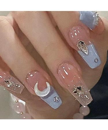 Eighosee 1Set Star Moon Color Blocking Wearable Nail Sea Salt Macaron Color Clear Diamond Model - Buy Online on GoSupps.com
