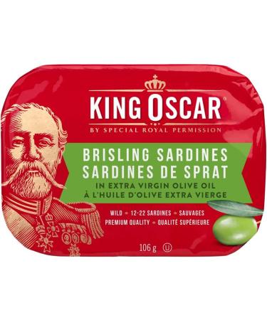 King Oscar Brisling Sardines in Extra Virgin Olive Oil 106 Gram Cans (Pack of 12) Sardines Olive Oil 106 g (Pack of 12)