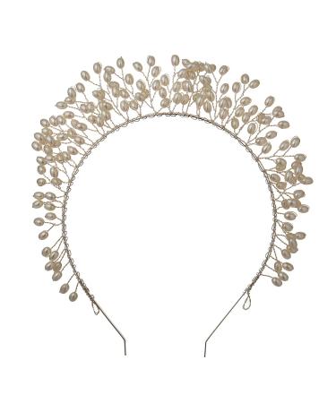 GRACEART Women's Victorian Pearls Headband Tiara Wedding Bridal Hair Accessories Goddess Mary Halo Crown (Silver Pearl Crown)