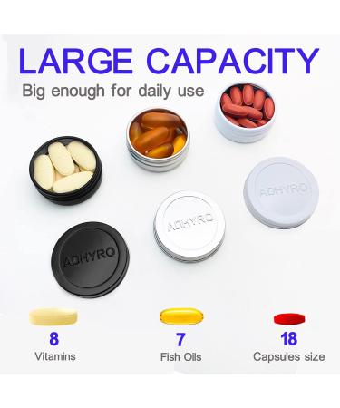 ADHYRO Small Pill Case for Purse - 3 Pack Portable Aluminum Pill Box in Black Silver White | Twist On/Off for Vitamins & Fish Oils - Buy Online on GoSupps.com