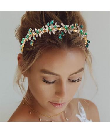 JEAIRTS Green Rhinestone Headband Gold Leaf Wedding Headpiece Bridal Crystal Hair Pieces Beaded Hair Hoop Glitter Bride Hair Accessories for Women and Girls - Buy Online on GoSupps.com