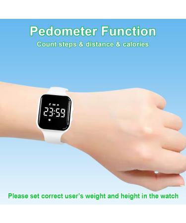 HUYVMAY Kids Fitness Tracker Pedometer Watch - LED Sports Watch with Alarm Clock Timer, Calories Counter - Non Bluetooth, No App Needed - 1 Hour Charging for 21 Days Use - White - Buy Online on GoSupps.com