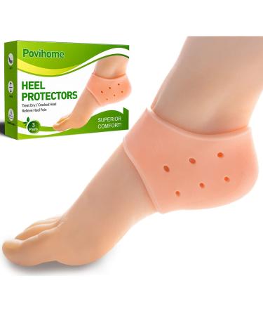 Povihome Heel Cushions Protectors  Plantar Fasciitis Inserts (1/5'' Thick)  Silicone Heel Pads for Cracked  Dry  Achilles Heels  Heel Pain Relief - 3 Pairs Beige-3 Pairs