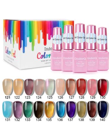DouborQ 20 Bottles Jelly Gel Nail Polish Glass Translucent Crystal Blue Pink Red Pink Clear Green Yellow Purple Colors UV Soak Off LED Gel 7ml Soak Off Manicure Kit 20color A