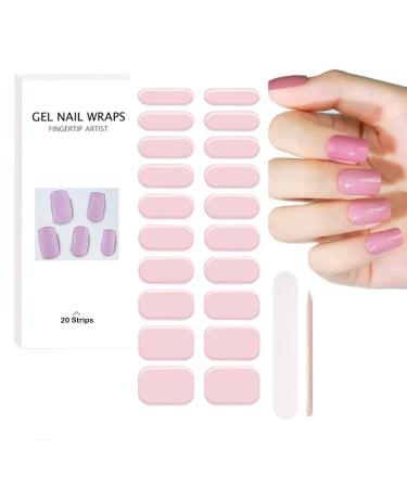 Semi Cured Gel Nails Strips 20Pcs Gel Nail Wraps Self Adhesive Gel Nail Stickers Single Color in Paste Pink Full Wraps Nail Art Stickers with Nail File & Stick-UV/LED Lamp Required 01