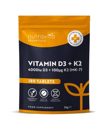 Vitamin D3 4000 iu & Vitamin K2 100 g (MK7) 180 Vitamin D3 K2 Vegetarian Tablets 6 Month Supply - High Strength Vitamin D Supplement for Bones Muscles & Immune System Nutravita