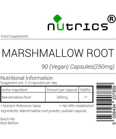 Nutrics MARSHMALLOW ROOT 250mg V Capsules - Supplement - Suitable for Vegan Vegetarian Halal & Kosher Diet 100% Pure - 90 Vegan Capsules (1 Month Supply) (90) - Buy Online on GoSupps.com