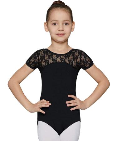 MdnMd Girls Ballet Dance Neck Lace Leotard for Toddler Gymnastic with Bow Back Cap Sleeve Black 8-10 Years
