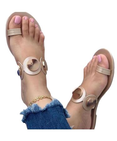 Women Comfy Clip-toe Sandal Spring and Summer Casual Metal Disc Bunion Correction Low-heel Sandals for Plantar Fasciitis Women's Lightweight Shoes 9 Gold