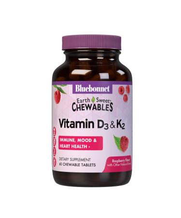 Bluebonnet Nutrition Vitamin D3 & K2 EarthSweet Chewable Tablets for Immune Mood & Heart Health* Soy-Free Gluten-Free Non-GMO Kosher Dairy 60 Raspberry Flavor Chewable Tablets 60 Servings - Buy Online on GoSupps.com