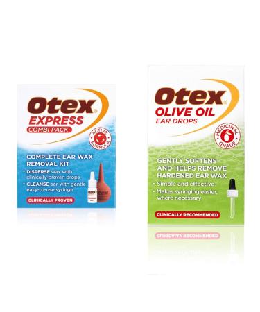 Otex Express Combi Pack Drops with Ear Syringe 10ml & Olive Oil Ear Drops 10ml. Ear Wax Removal Drops For Excessive Hardened Ear Wax + Olive Oil Ear Drops