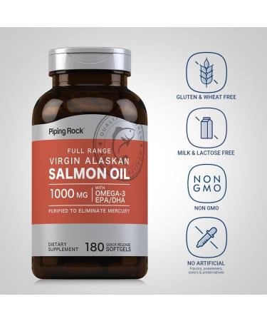 Piping Rock Wild Alaskan Salmon Fish Oil | 1000mg | 180 Softgels | Supplements for Humans | Omega-3 EPA and DHA | Non-GMO and Gluten Free - Buy Online on GoSupps.com