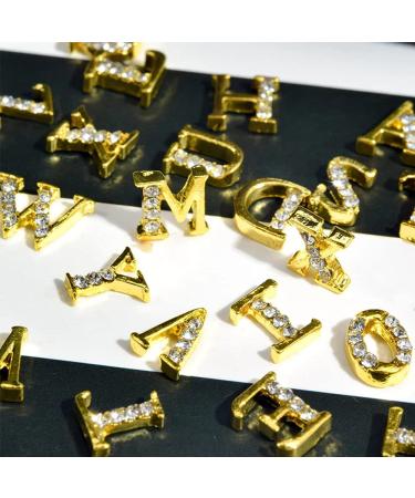 52 Pcs 3D Metal Nail Studs Decoration Glitter Gold Capital English Letters and Rhinestone Combination Set DIY Designs Supplies for Women