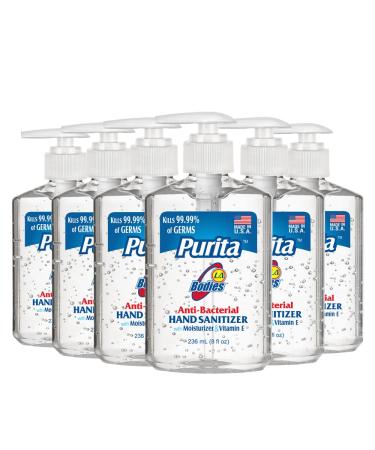 PURITA Advanced Moisturizing Hand Sanitizer with Aloe Vera and Vitamin E for Sensitive Skin - Reduce 99.99% Germs and Bacteria - 8 fl oz Made in USA (Pack of 6)