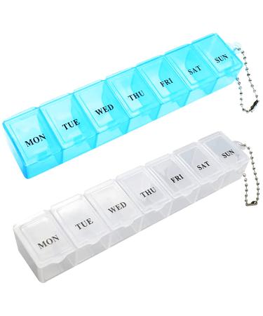 2Pcs Pill Box Portable Pill Organiser Travel Tablet Box 7 Days Tablet Organiser with Compartments for Medication Supplements Vitamins and Cod Liver Oil(White and Blue)