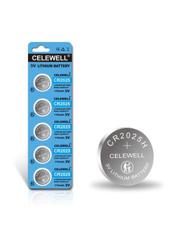 5-Year Warranty CELEWELL 5 Pack CR2025 3V Lithium Battery 170mAh 5 Count (Pack of 1)