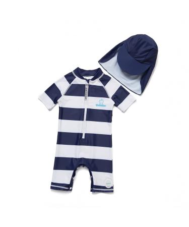 BONVERANO Baby Boys Swimsuit Toddler Bathing Suit Short-Sleeve Zipper One Piece Swimwear with UPF 50+ Sun Protection 2-3 Years Navy Stripe 2