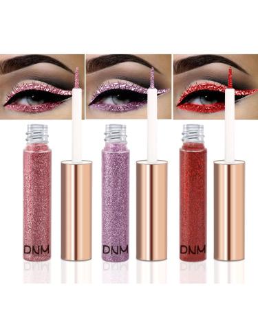 DNM 3Pcs Liquid Glitter Sparkle Pink Purple Red Eyeliner Liquid Makeup Set delineadores de colores para ojos  Glitter Shimmer Sparkly Metallic Eyeliner Liner Liquid Set Eye Glitter Makeup Glue 1+5+10 3 Count (Pack of 1) ...