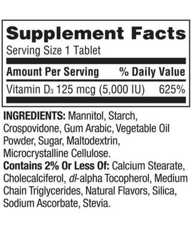 Extra Strength Vitamin D3 Fast Dissolve Tablets - 125 Mcg (5 000 IU) Dietary Supplement | Strawberry Flavor - 90 Count - International Shipping Available - Buy Online on GoSupps.com