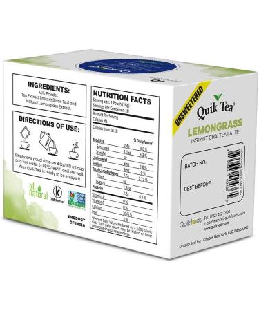 Quik Tea Unsweetened Lemongrass Chai Tea Latte - 10 Count Single Box - All Natural & Preservative Free Instant Chai - Buy Online on GoSupps.com