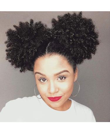 2Pcs Afro Puff Drawstring Ponytail Short Kinky Curly Fluffy Afro Bun Wrap-Wig Around with 2 Clips Ombre Color Hair Puff Synthetic Hairpiece for black women( Black) 2PCS Puff Ponytail 1B