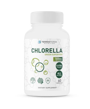 TerraForm Nutrition Pure Chlorella Supplement - Green Superfood 1000mg per Serving High Potency Vegan Super Food - 30 Servings - 60 Capsules
