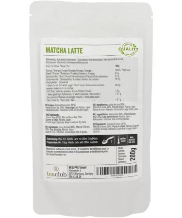  TeaClub Matcha Latte Mix with 20% Matcha tea powder and coconut blossom sugar 200g vegan and gluten-free Green tea powder with coconut blossom sugar TeaClub - Buy Online on GoSupps.com