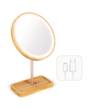 Erivibor Led Bamboo Wooden Makeup Mirror Desktop Cosmetic Mirrors with 3 Lighting Modes USB Rechargeable Battery Adjustable Touch Beauty Lamp