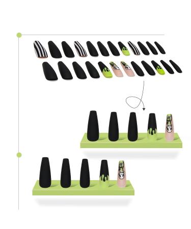 24Pcs Halloween Coffin Fake Nails - Black & White Stripes with Ghost Design | Glossy Stick on Acrylic Nails for Women & Girls - Buy Online on GoSupps.com