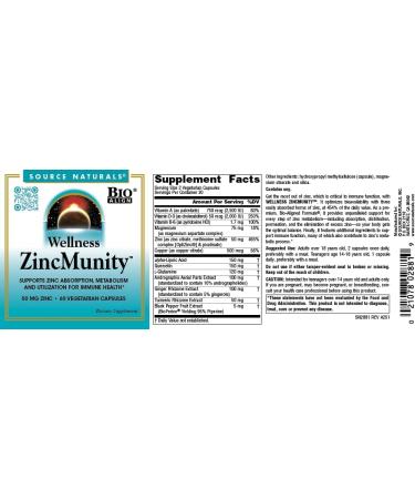 Source Naturals Wellness ZincMunity, Supports Zinc Absorption, Metabolism and Utilization for Immune Heath*, 50 mg Zinc - 60 Vegetarian Capsules 60 Count (Pack of 1) - Buy Online on GoSupps.com