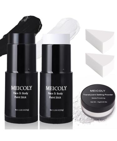 MEICOLY Black White Face Body Paint Stick Set with Sponges and Setting Powder Face Paint Stick for Adults and Kids Clown White Makeup Face Painting for Halloween SFX Skull Zombie Skeleton Goth Makeup black white face paint+sponge+setting powder
