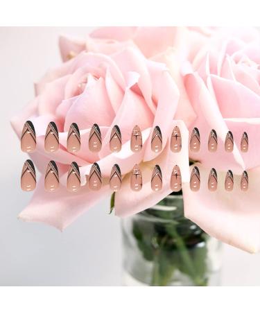 24 Pcs Black French Tip Press on Nails with Star Glitter Design - Medium Almond False Nails for Women - Buy Online on GoSupps.com