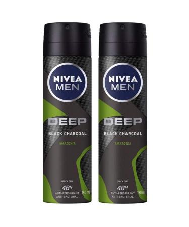 Nivea Men Deep Black Carbon Amazonia Antiperspirant Spray Deodorant -PACK OF 2 X 150 ml 5.07 Fl Oz (Pack of 2) Amazonia