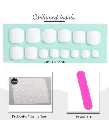 White Glossy Acrylic Fake Toenails - Short Square Full Cover False Nails (24Pcs) - Buy Online on GoSupps.com