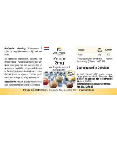 Cuivre 2mg - 250 comprim s de 2mg chacun - Bisglycinate de cuivre - HAUTE DOSE - Qualit pharmaceutique allemande - Vegan | Warnke Vitalstoffe - Buy Online on GoSupps.com