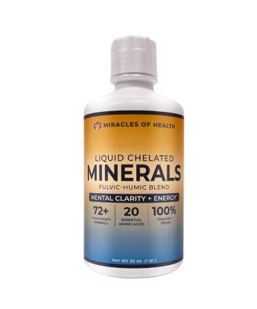 Miracles of Health Liquid Chelated Minerals 72+ Organic Minerals 20 Essential Amino Acids | Plant Derived Humic Fulvic Blend Essential Major and Minor Trace Minerals | Fast absorption Energy Focus | 32 oz bottle - 1 Month Supply