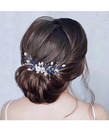 Blue Crystal Bride Wedding Hair Comb - Silver Flower Bridal Hair Accessories for Women and Girls - Buy Online on GoSupps.com