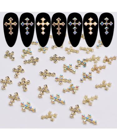 LIFOOST 30pcs Cross Nail Charms for Nail Art Accessory 3D Gold Cross Jewelrys Nail Studs with Flat Back Crystal Nail Art Rhinestones for Women Acrylic Nails Designs (Gold)