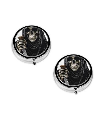 (Grim-Reaper) Round Pill Box 3 Compartment Pill Box Mini Decorative Pocket Purse Portable Travel Medicine Tablet Vitamin Holder Organizer Pill Case