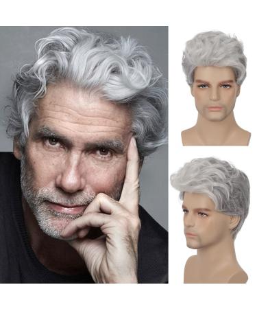 RicHyun Mens Short Grey Wig Short Curly Grey Wig Synthetic Heat Resistant Hair Replacment Wig for Daily Party Costumes