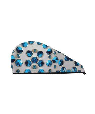 Blue Hexagons and Diamonds Coral Velvet Dry Hair Cap Caps with Buttons for Drying Curly Long & Thick Hair Anti Frizz