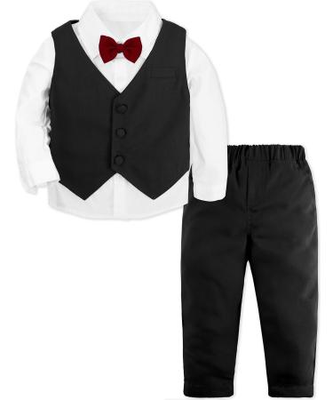 mintgreen Baby Boys Gentleman Suit Set Long Sleeve Shirt with Bowtie + Waistcoat + Pants Size: 1-4 Years Solid Black 18-24 Months