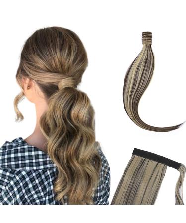 Ponytail Extension Wrap Around Long Straight Curly Clip in Ponytail Hair Extensions for Women Brown Black Blonde Hairpiece 32"-Straight Dark Brown & Ash Blonde Dark Brown & Ash Blonde 32 Inch