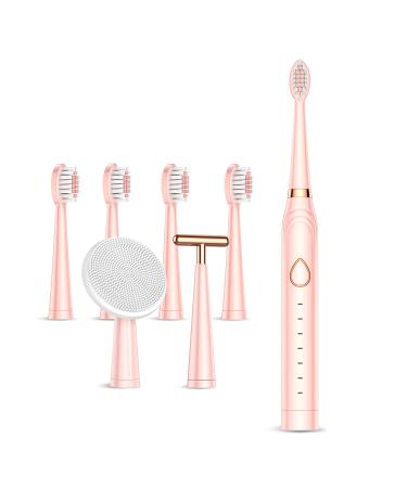 HAXAYOLO Sonic Electric Toothbrush  USB Rechargeable Powerful Sonic Cleaning Tooth Brush with 6 Modes  5 Brush Heads + 1 Facial Cleansing Brush Head + 1 Face Massage Head Whitening Toothbrushes-Pink