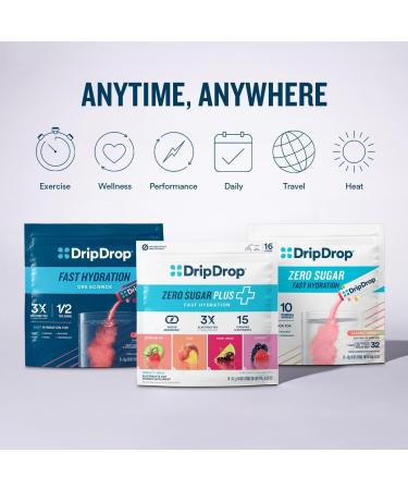 DripDrop Zero Sugar Plus - Sugar Free Hydration Packets - Single Serve Electrolytes Powder Drink Mix - Strawberry Kiwi Peach Cherry Limeade Wild Berry - Non-GMO Gluten Free Vegan - 16 Sticks Strawberry Kiwi Peach Che  - Buy Online on GoSupps.com