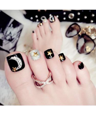 Sethexy Strass 3d Bling Black toenail tips moon star square short complete cover acrylic 24 pieces wrong toenails art tips for women and girls