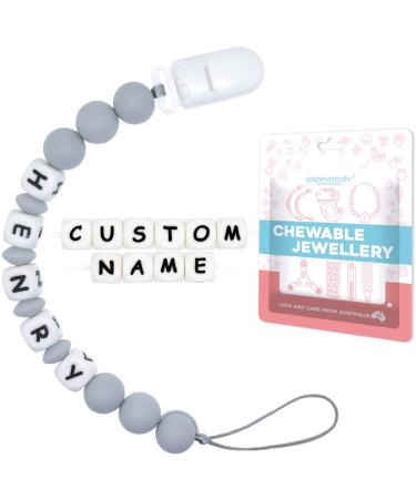 Dummy Clip Personalised Name Panny & Mody Customized Silicone Teething Beads Binky Holder for Boys and Girls Baby Shower Daycare(LightGrey)