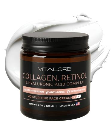 Vitalore Anti-Aging Face Cream Wrinkle Repair Moisturizer with Collagen Retinol & Hyaluronic Acid Hydrating Firming Cream for Fine Lines and Wrinkles- Day & Night Use for Women and Men- 4oz Jar.