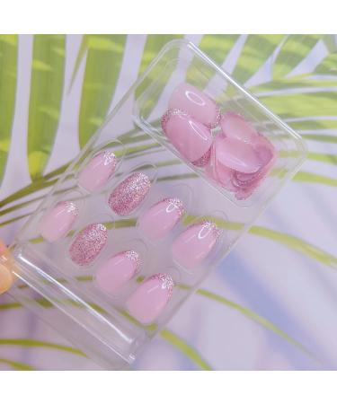 French Pink Glitter Press on Nails | Medium/Short Round Acrylic False Nails with Glossy Finish and Sequin Designs - Women/Girls Stick-on Nail Tips - Buy Online on GoSupps.com