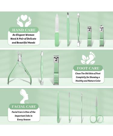 Professional Nail Clipper Manicure Pedicure Kit 12 in 1 with Green Leather Travel Bag - Perfect Nail Care Tool Set for Women and Men - Buy Online on GoSupps.com